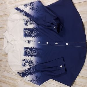 Blue & White Paisley & Floral Design Button Up Blouse Size M